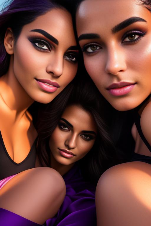 Image: two moroccan top models purple sunset castle fantasy extreme closeup face eyes  black clothes smile legs