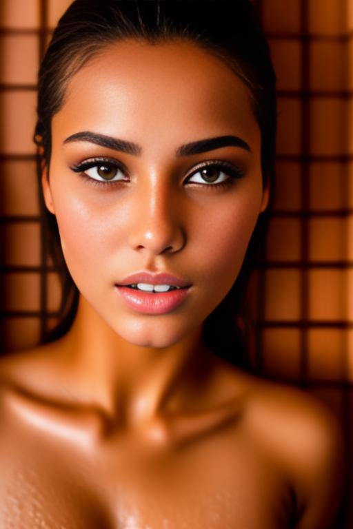 Image: Female Moroccan top model  face close up  in  sauna nude shot from above  open mouth dry covered sperm beautiful eyes