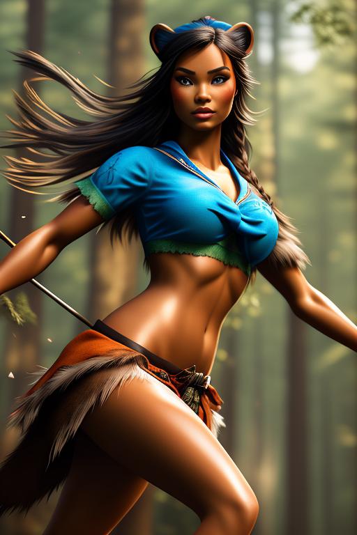 Pocahontas Disney , chasing with bow , fighting with bear, legs, torn open clothes, nbr_models_one One Top Model, art_style_hyper_detailed Hyper Detailed, camera_close_up Close-Up