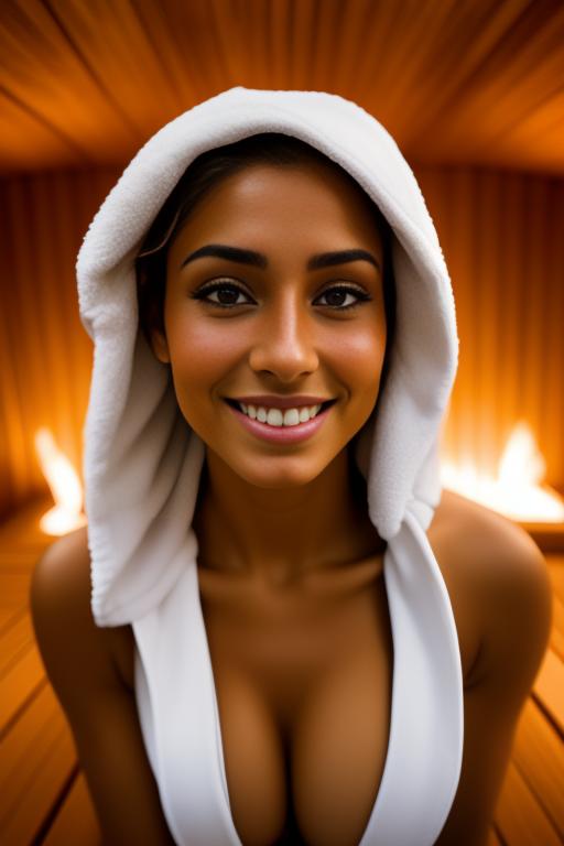 Image: one woman top model tanned Art Style bestquality camera shot face extreme closeup hyperdetailed ultradetailed Ethnicity Moroccan  sauna  white open bathrobe  smiling holding touching positionTitfuckRealistic03 1 boy penis titfuck