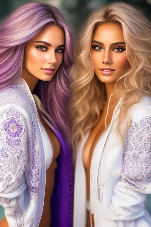 Image: Hair Color purple blond Ethnicity Moroccan Art Style bestquality hyperdetailed ultradetailed Nsfw nsfw Nbrmodels Two top models Dressqty open whitejacket smiling  face close up