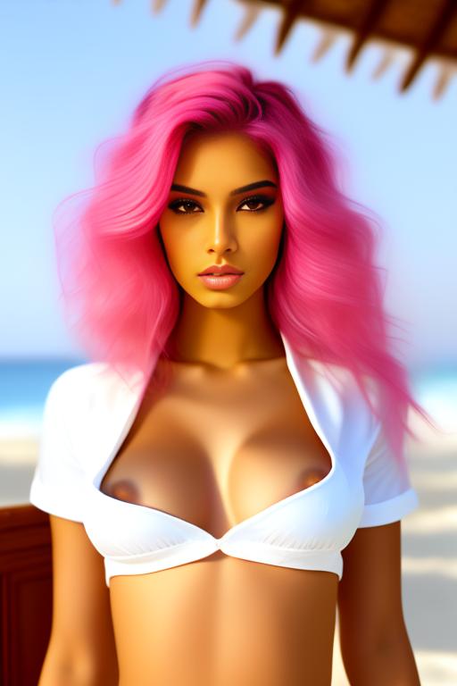 Image: Hair Color pastelPink Ethnicity Moroccan top model   pulld1 pulld white shirt  sunny beach