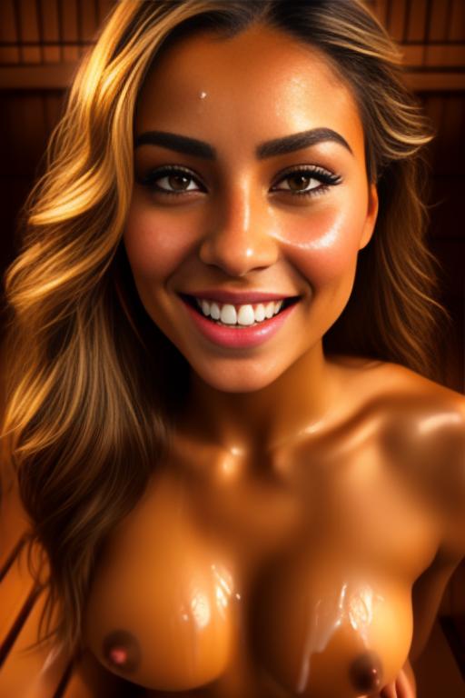 Image: woman top model tanned Art Style bestquality hyperdetailed ultradetailed Ethnicity Moroccan  hair long  sauna smile    dresscumshot4905 cum on face Camera face extreme closeup cum