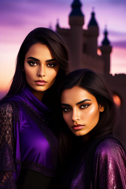 Image: two moroccan top models purple sunset castle fantasy extreme closeup black clothes