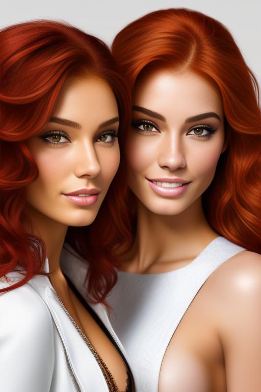 Image: Hair Color red Ethnicity Moroccan Art Style bestquality hyperdetailed ultradetailed Nsfw nsfw Nbrmodels Two top models Dressqty open whitejacket smiling  face close up
