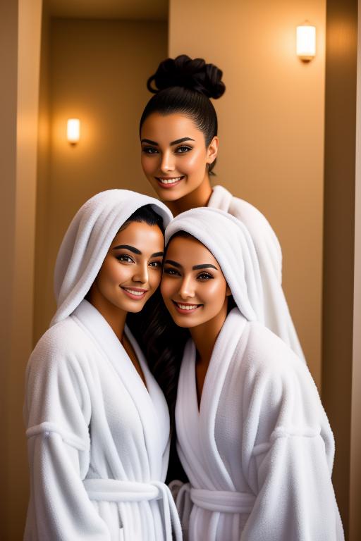 Image: Two Moroccan top model and masseuse close up smile standing at hotel massage room black closed bathrobe sfw