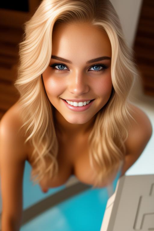 Image: russian blonde top model next to gaming pc  from above facecloseup hot wet smile nude