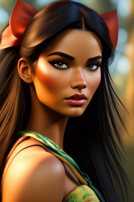 Pocahontas Disney , chasing with bow , nbr_models_one One Top Model, art_style_hyper_detailed Hyper Detailed, camera_close_up Close-Up