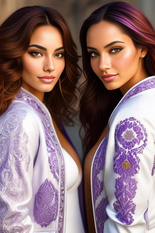 Image: Hair Color purple Ethnicity Moroccan Art Style bestquality hyperdetailed ultradetailed Nsfw nsfw Nbrmodels Two top models Dressqty open whitejacket smiling  face close up