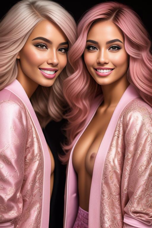 Image: Hair Color pastelPink Ethnicity Moroccan Art Style bestquality hyperdetailed ultradetailed Nsfw nsfw Nbrmodels Two top models Dressqty open jacket smiling  face close up
