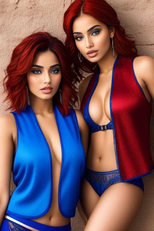 Image: two  moroccan sexy top models close up  blue and red hair open vest