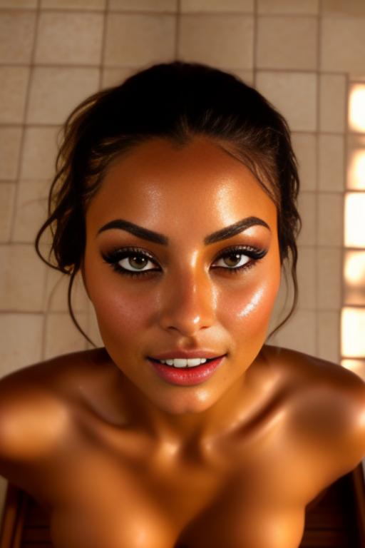 Image: one woman top model tanned Art Style bestquality face extreme focus closeupeyes close up  hyperdetailed ultradetailed  Ethnicity Moroccan top model top model mascara sauna  dresscumshot49055 cum on face  beautifull open eyes penis cum smile dressCreampie