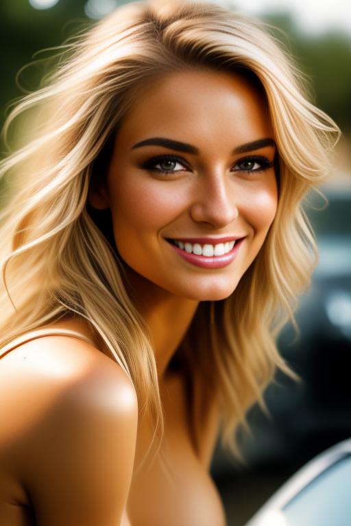 Image: blonde  nbrmodelsone One Top Model ethnicitycaucasian Caucasian dressnaked Naked positionsmiling Smiling backgroundcar Car backgroundgarden Garden artstylehyperdetailed Hyper Detailed cameracloseup CloseUp cameraextremecloseup Extreme CloseUp camerafacecloseup Face CloseUp