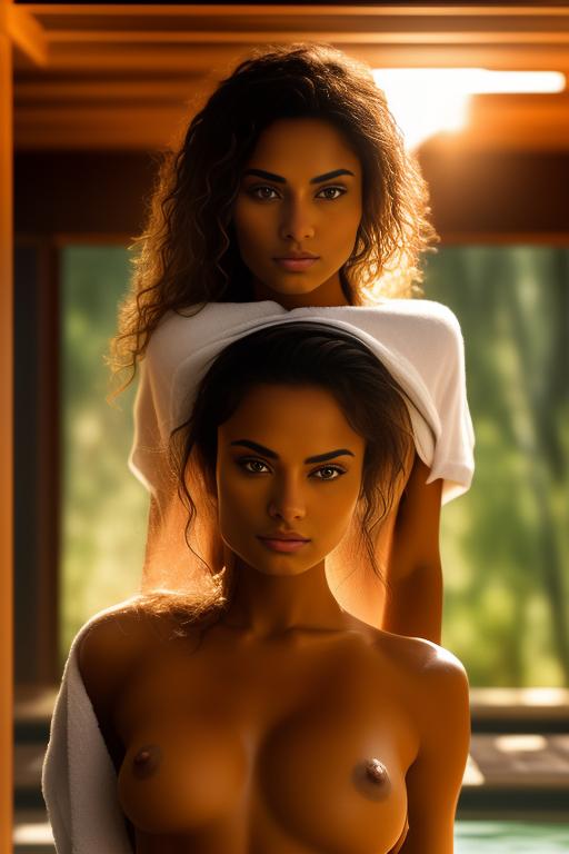 Image: two woman top models cudling touching  tanned Art Style bestquality hyperdetailed ultradetailed Ethnicity Moroccan  Camera face extreme closeup eyes  hair long  sauna black towel  tshirt joggings  dressshirtliftv308 shirtlift