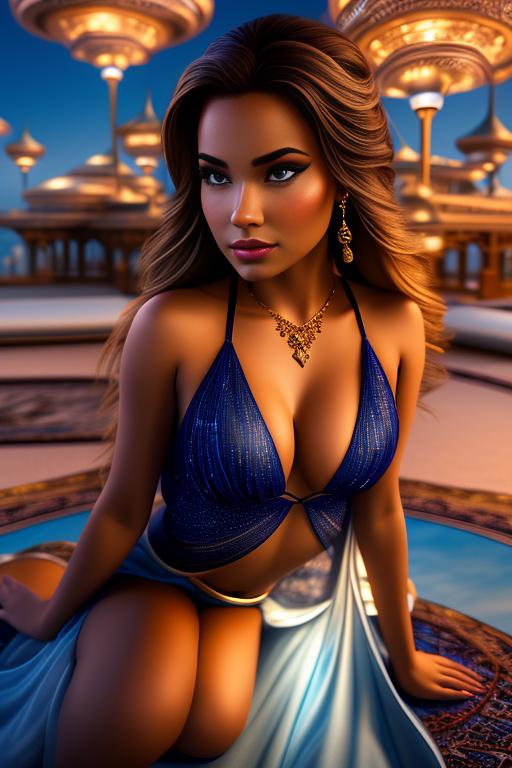 Jasmine Disney , sitting on (flying  )  carpet high in night sky, camera from below looking upwards, nbr_models_one One Top Model, art_style_hyper_detailed Hyper Detailed, camera_close_up Close-Up