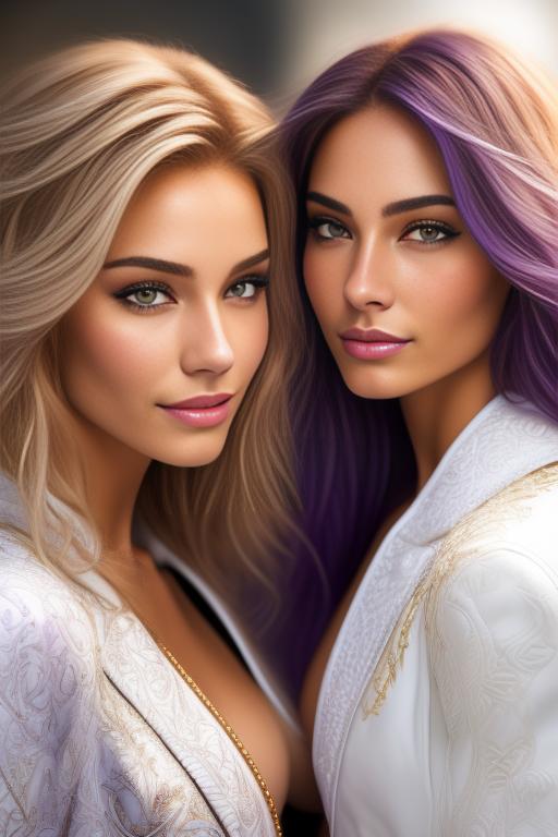 Image: Hair Color purple blond Ethnicity Moroccan Art Style bestquality hyperdetailed ultradetailed Nsfw nsfw Nbrmodels Two top models Dressqty open whitejacket smiling  face close up