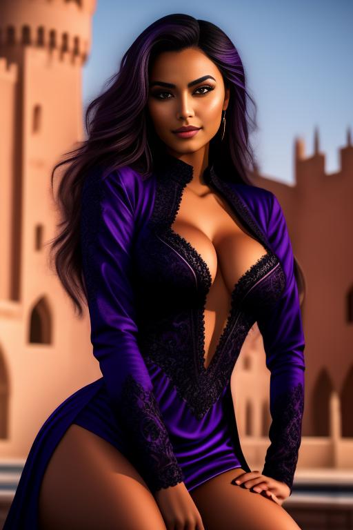 Image: two moroccan top models purple sunset castle fantasy extreme closeup face eyes  black clothes smile legs dressshirttug1 shirt tug artStylebestquality hyperdetailed ultradetailed nsfwnsfw