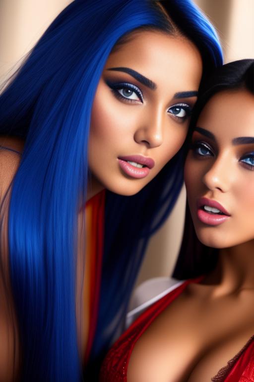 Image: two  moroccan sexy top models close up  blue and red long hair open sex vest hot mouth