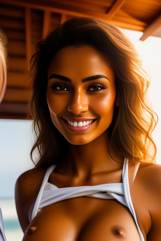 Image: two woman top model tanned Art Style bestquality camera shot face extreme closeup hyperdetailed ultradetailed Ethnicity Moroccan   sauna  white sports apparel  smiling holding touching dressshirtliftv309 shirtlift artStylebestquality hyperdetailed ultradetailed nsfwnsfw