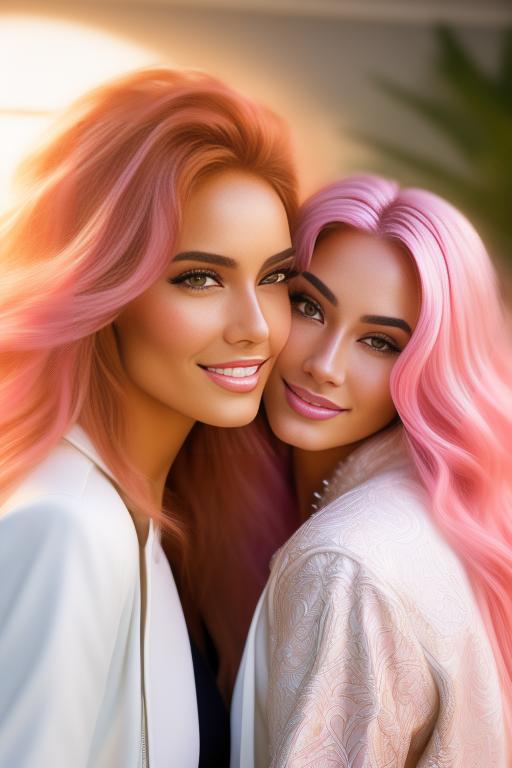 Image: Hair Color pastelPink Ethnicity Moroccan Art Style bestquality hyperdetailed ultradetailed Nsfw nsfw Nbrmodels Two top models Dressqty open whitejacket smiling  face close up