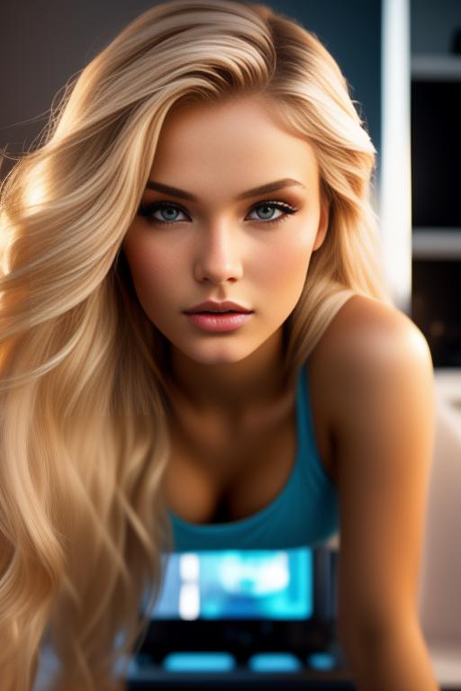Image: russian blonde top model next to gaming pc  from below closeup hands hot