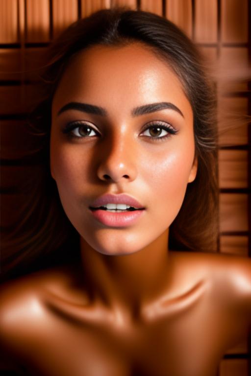 Image: Female Moroccan top model  face close up   kneeling in  sauna nude shot from above  open mouth dry hair covered sperm beautiful eyes