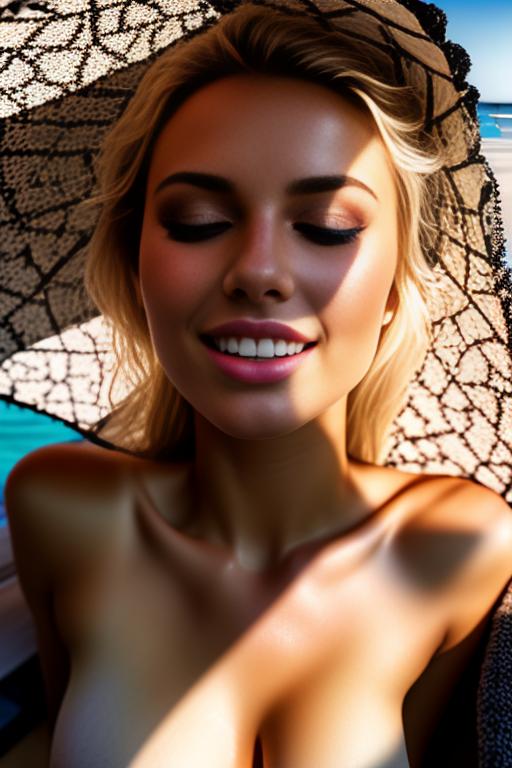 Hyper close up,, swallow tongue, open-mouthed,parasol, black beach towel, tan top model, hairs, smile open mouth, topless, laying down ( eyes closed, )(stretching), nbr_models_two Two Top Models, nbr_models_three Three Top Models, ethnicity_caucasian Caucasian, art_style_hyper_detailed Hyper Detailed, camera_close_up Close-Up