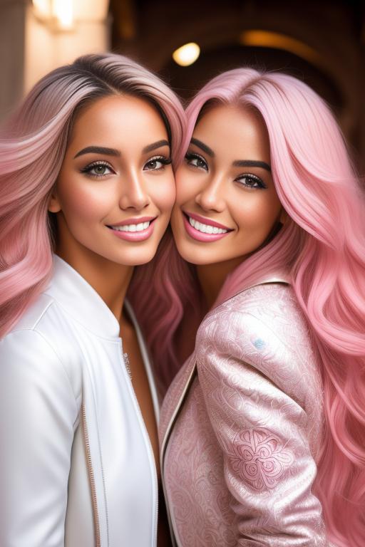 Image: Hair Color pastelPink Ethnicity Moroccan Art Style bestquality hyperdetailed ultradetailed Nsfw nsfw Nbrmodels Two top models Dressqty open whitejacket smiling  face close up kissing