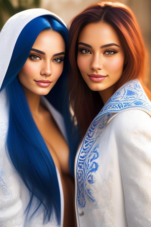 Image: Hair Color blue Ethnicity Moroccan Art Style bestquality hyperdetailed ultradetailed Nsfw nsfw Nbrmodels Two top models Dressqty open whitejacket smiling  face close up