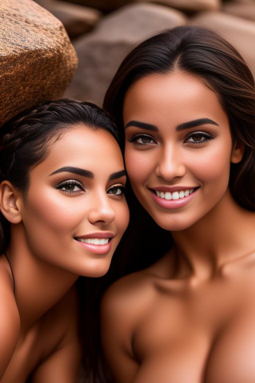 Image: Two Moroccan Top models beauties holding  sports sexy outfit  smile  close up shot  in rocky rocks no panties  face close up shot from below