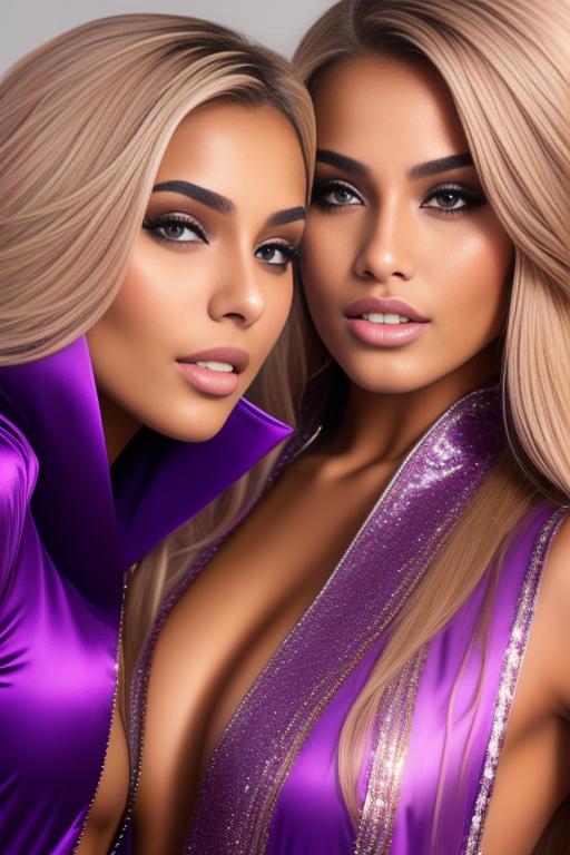 Image: two  moroccan sexy top models close up blonde plus purple long hair open sexy vest