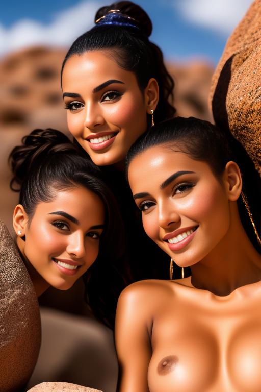 Image: Two Moroccan Top models beauties holding  sports sexy outfit  smile   close up shot  in rocky rocks no panties  face close up shot from below kneeling
