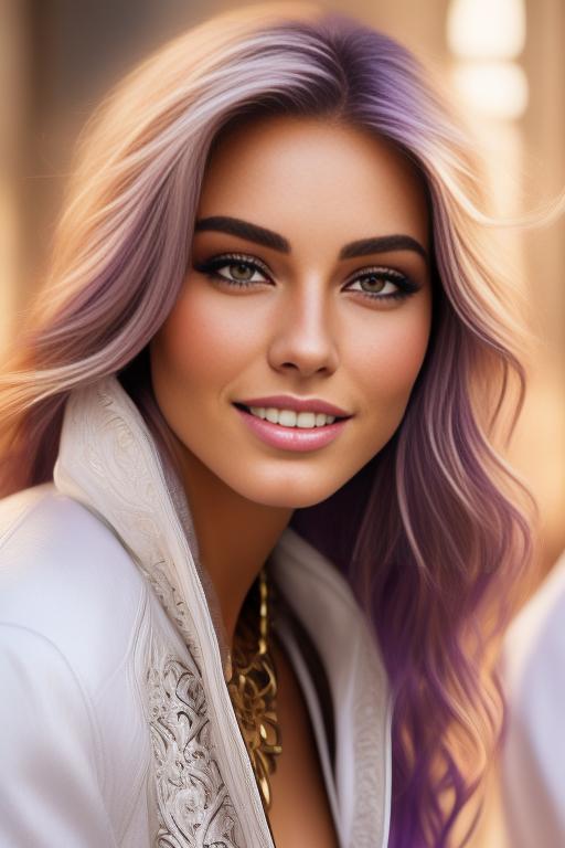 Image: Hair Color purple blond Ethnicity Moroccan Art Style bestquality hyperdetailed ultradetailed Nsfw nsfw Nbrmodels Two top models Dressqty open whitejacket smiling  face close up