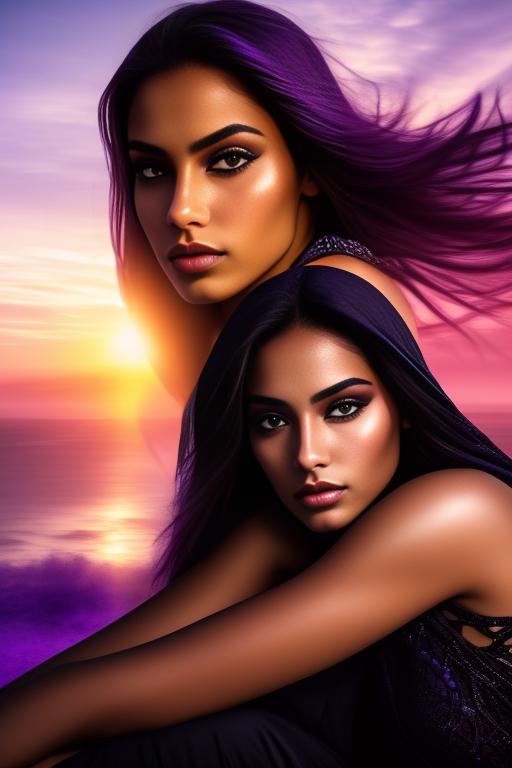 Image: two moroccan top models purple sunset castle fantasy extreme closeup face eyes  black clothes happy legs