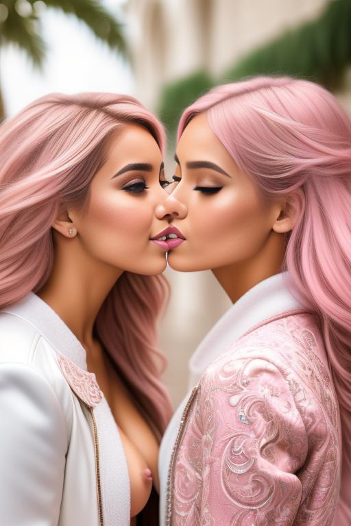 Image: Hair Color pastelPink Ethnicity Moroccan Art Style bestquality hyperdetailed ultradetailed Nsfw nsfw Nbrmodels Two top models Dressqty open whitejacket smiling  face close up kissing masturbating