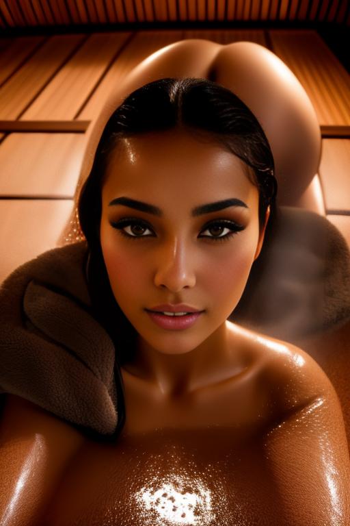 Image: Two  female Moroccan top models  face close up shot  wet kneeling in massage sauna black open bathrobe showing body  shot from above  teasing expression