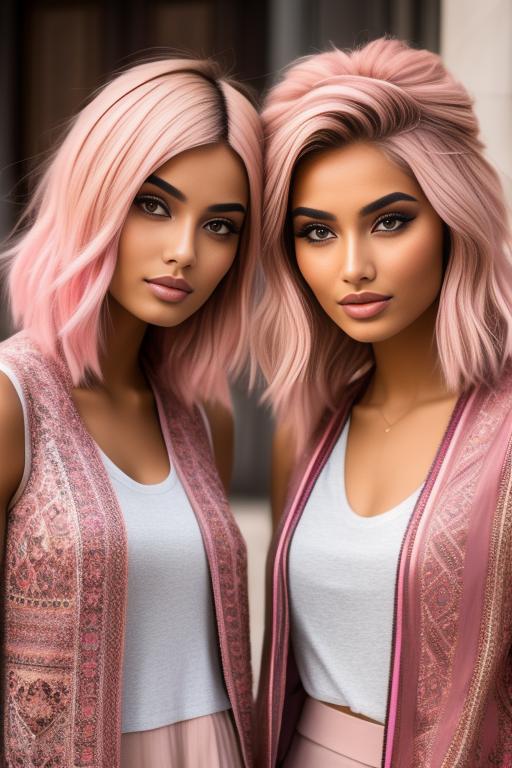Image: two  moroccan top models close up  blonde and pink hair open vest