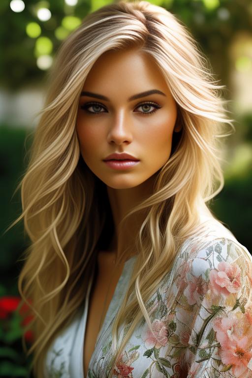 Image: Blonde  nbrmodelsone One Top Model ethnicitycaucasian Caucasian backgroundgarden Garden artstylehyperdetailed Hyper Detailed camerafacecloseup Face CloseUp
