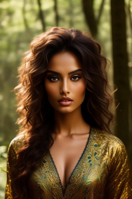 Image: A sexy Moroccan top model face focus on a big sunny fantastic forest with monsters  in background