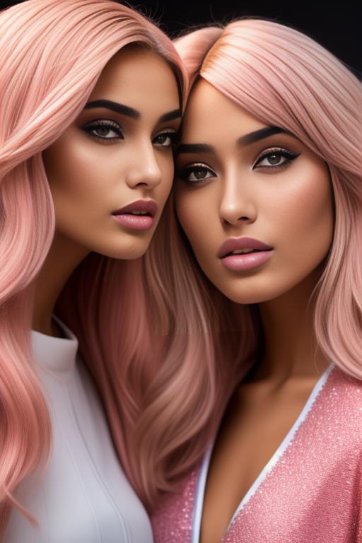 Image: two  moroccan top models close up  blonde and pink hair