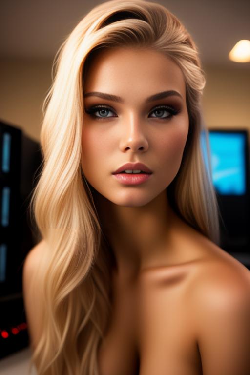 Image: russian blonde top model next to gaming pc from below facecloseup hot
