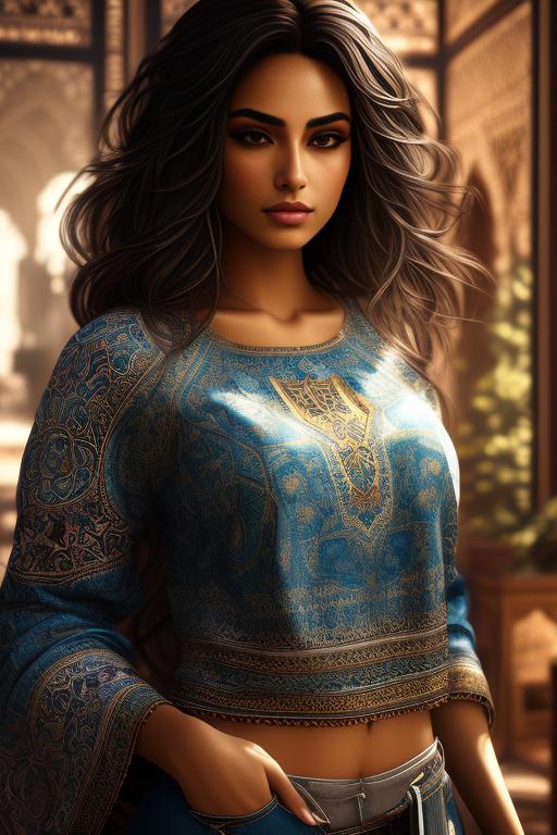 Image: Art Style bestquality hyperdetailed ultradetailed Ethnicity Moroccan Dressqty wearing pants sexy tshirt Camera closeup