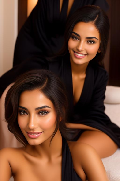 Image: Two hot female Moroccan top model and masseuse close up smile sitting  at massage room black closed bathrobe