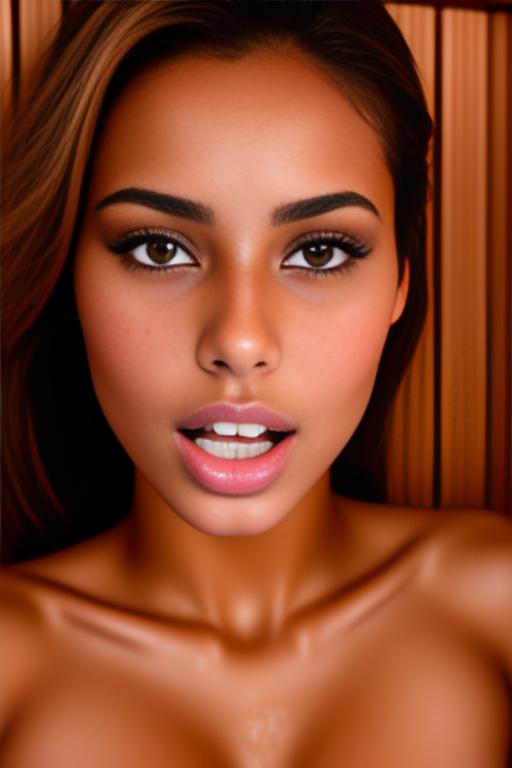 Image: Female Moroccan top model  face close up   kneeling in  sauna nude shot from above  open mouth dry covered sperm