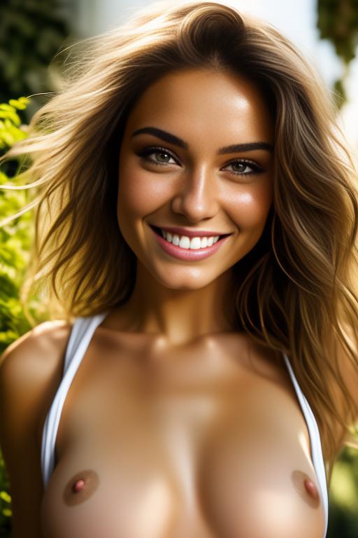Image: Open mouth nbrmodelsone One Top Model ethnicitycaucasian Caucasian dressshirtlift Shirtlift positionsmiling Smiling backgroundgarden Garden artstylehyperdetailed Hyper Detailed camerafacecloseup Face CloseUp shirtliftv307