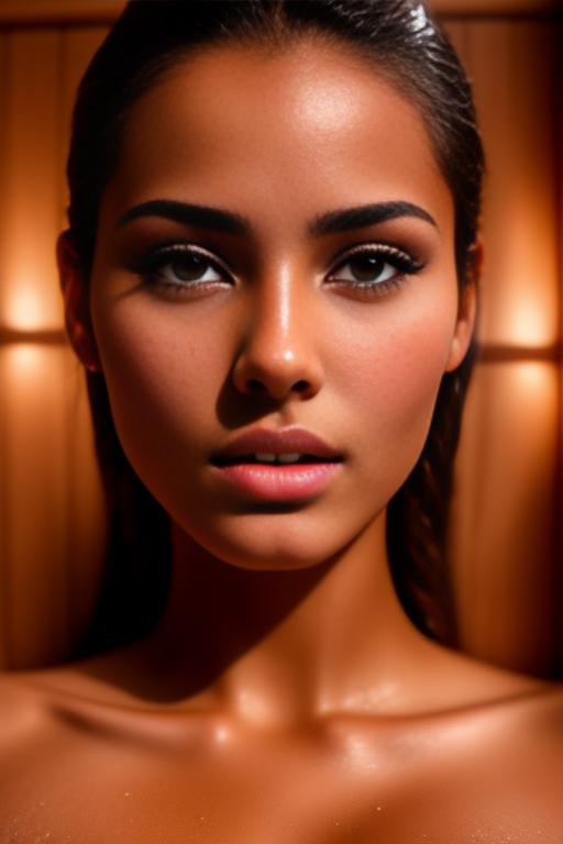 Image: Female Moroccan top model  face close up  in  sauna nude shot from above  open mouth dry covered sperm beautiful eyes