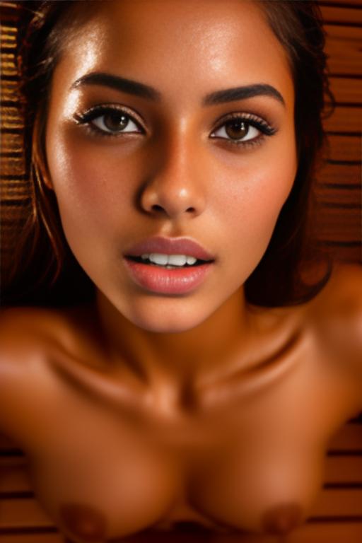 Image: Female Moroccan top model  face close up   kneeling in  sauna nude shot from above  open mouth dry hair covered sperm beautiful eyes