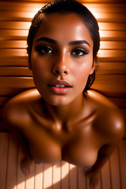 Image: Female Moroccan top model  face close up   kneeling in  sauna nude shot from above  sperm in face