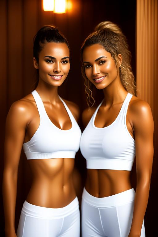 Image: two woman top model tanned Art Style bestquality camera closeup hyperdetailed ultradetailed Ethnicity Moroccan   sauna  white sports apparel pants wet top transparent  smiling holding touching sfw