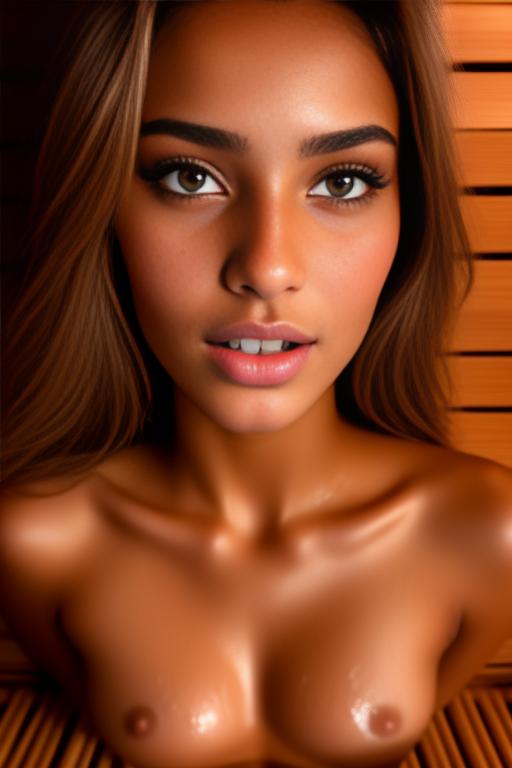 Image: Female Moroccan top model  face close up   kneeling in  sauna nude shot from above  open mouth dry hair covered sperm beautiful eyes
